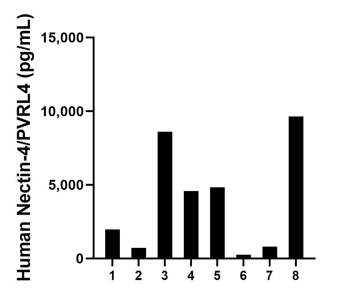 Urine of eight individual healthy human donors was measured. The Nectin-4/PVRL4 concentration of detected samples was determined to be 3,920.62 pg/mL with a range of 249.12 - 9,633.39 pg/mL.